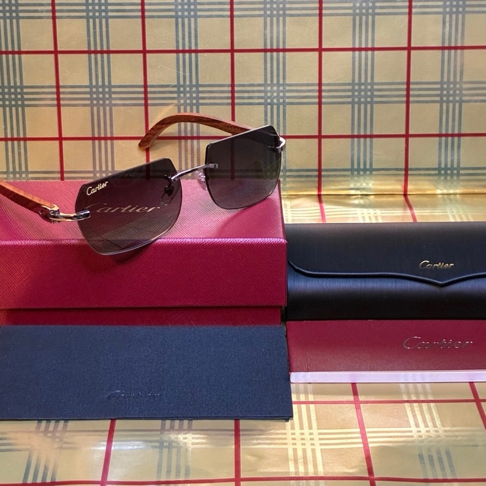 Cartier Black Unisex Wood Frame Sunglasses